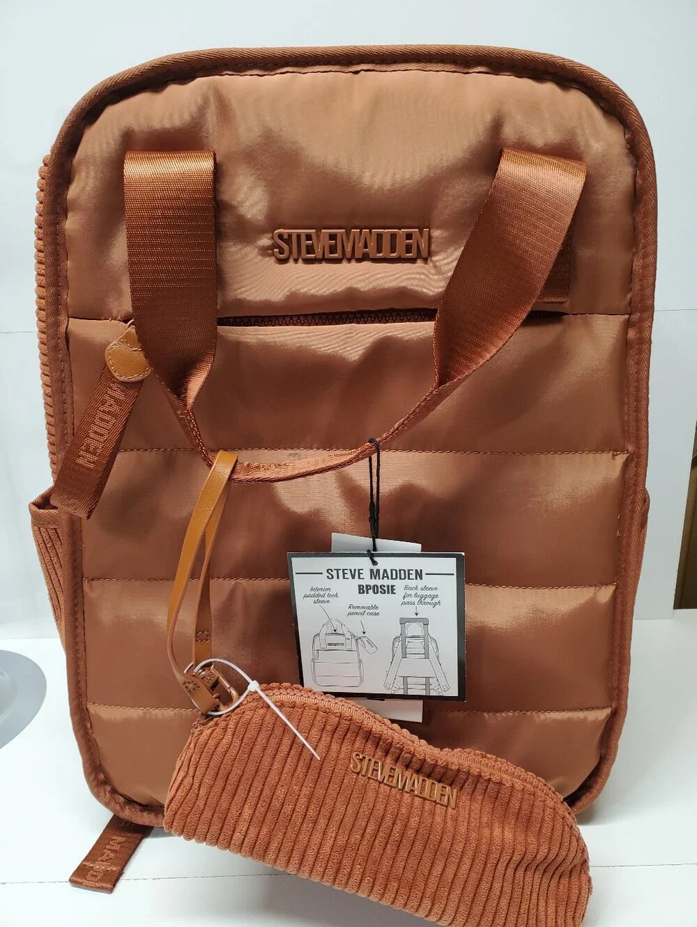 Steve Madden Men's Quilted Copper Backpack with Detachable Pouch